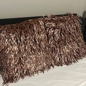Two Modern Metallic Ribbon Shag Rose Pillow